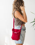 Cyclamen Red Linen Shoulder Bag with Coconut Buttons and Adjustable Strap - Linen Couture Boutique