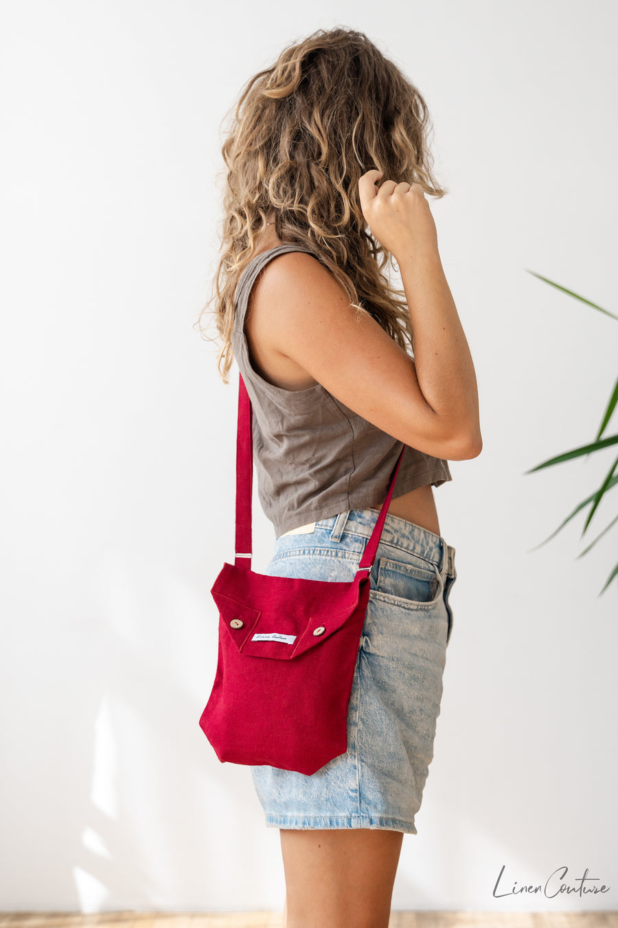 Cyclamen Red Linen Shoulder Bag with Coconut Buttons and Adjustable Strap - Linen Couture Boutique