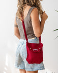 Cyclamen Red Linen Shoulder Bag with Coconut Buttons and Adjustable Strap - Linen Couture Boutique