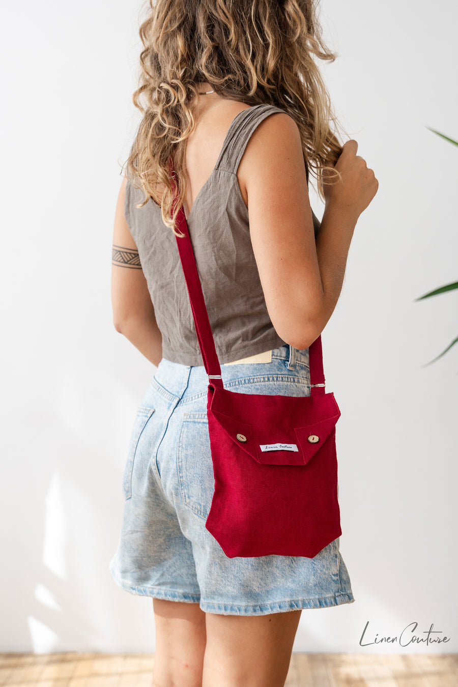 Cyclamen Red Linen Shoulder Bag with Coconut Buttons and Adjustable Strap - Linen Couture Boutique