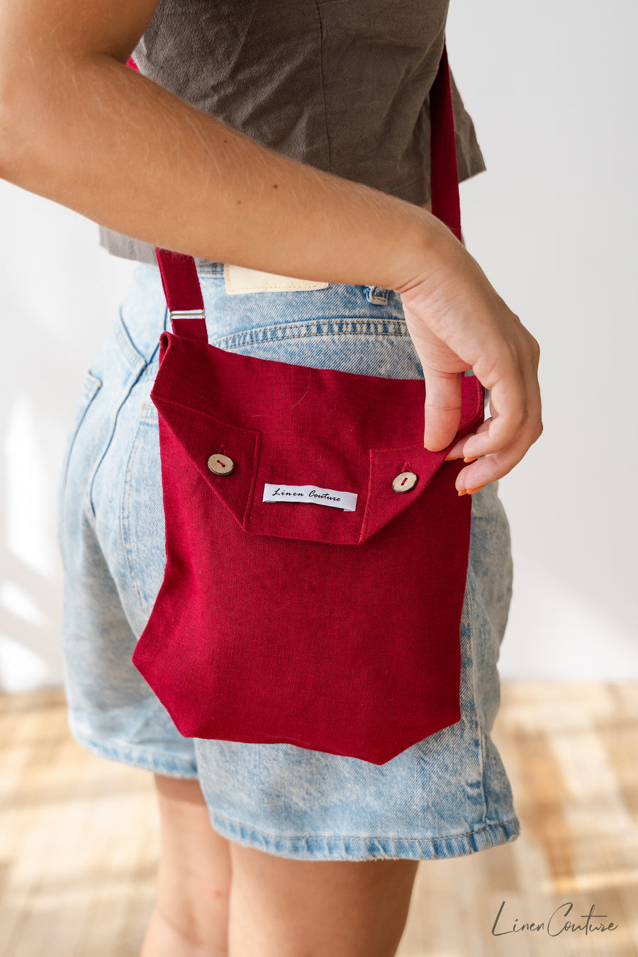 Cyclamen Red Linen Shoulder Bag with Coconut Buttons and Adjustable Strap - Linen Couture Boutique