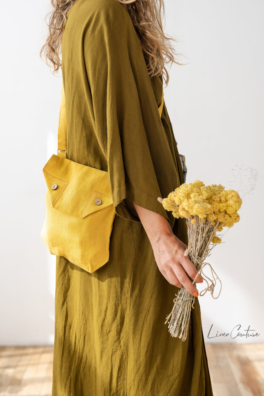 Honey Linen Shoulder Bag with Coconut Buttons and Adjustable Strap - Linen Couture Boutique