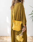 Honey Linen Shoulder Bag with Coconut Buttons and Adjustable Strap - Linen Couture Boutique