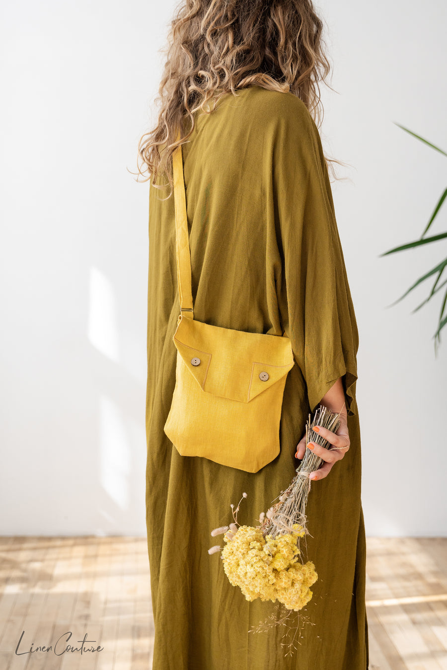 Honey Linen Shoulder Bag with Coconut Buttons and Adjustable Strap - Linen Couture Boutique