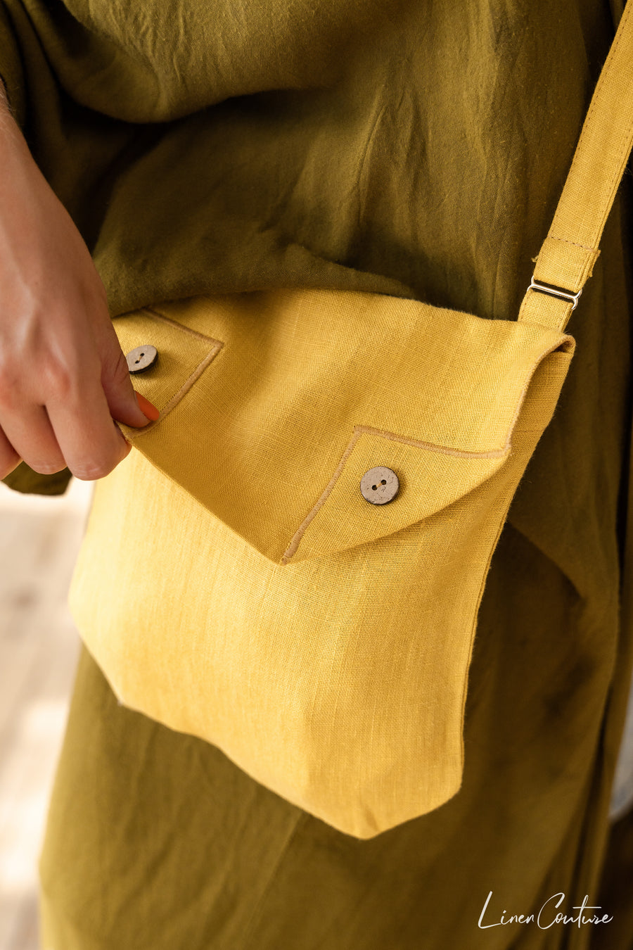 Honey Linen Shoulder Bag with Coconut Buttons and Adjustable Strap - Linen Couture Boutique