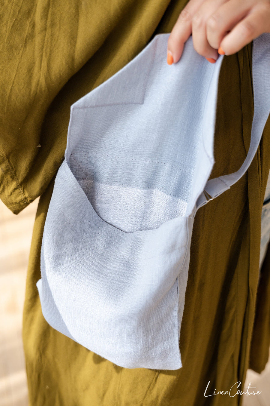 Ice Blue Linen Shoulder Bag with Coconut Buttons and Adjustable Strap - Linen Couture Boutique