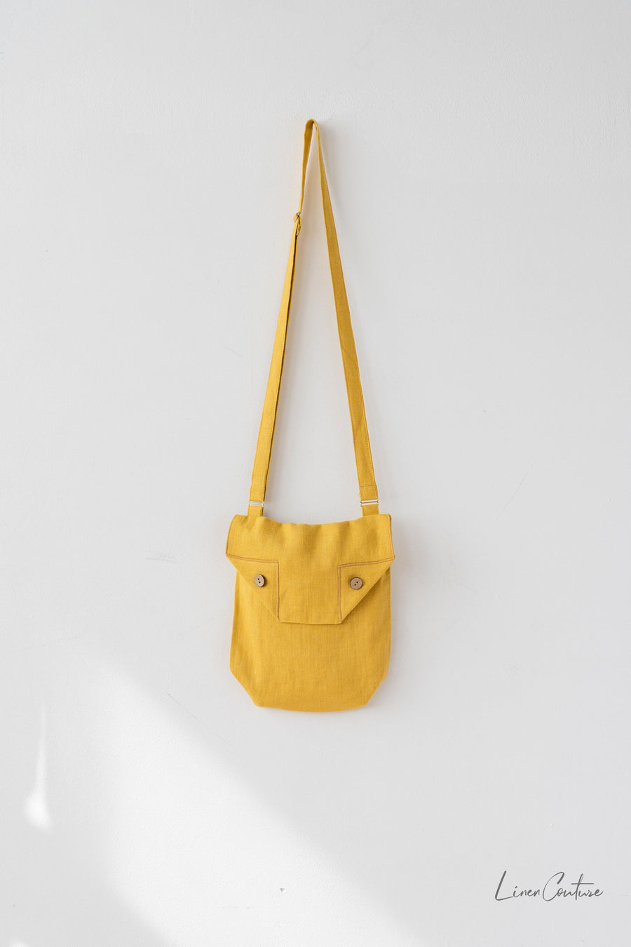 Honey Linen Shoulder Bag with Coconut Buttons and Adjustable Strap - Linen Couture Boutique