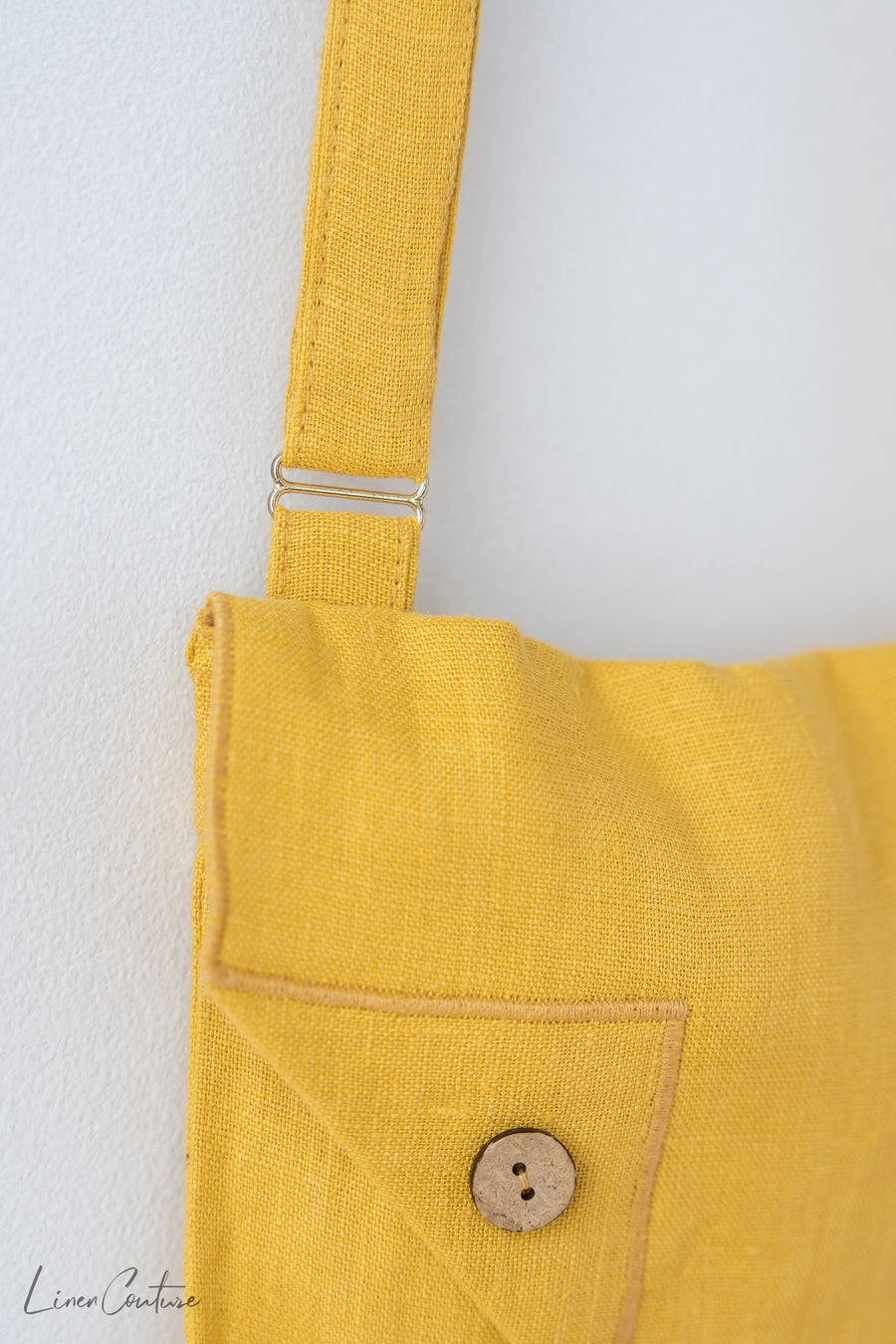 Honey Linen Shoulder Bag with Coconut Buttons and Adjustable Strap - Linen Couture Boutique