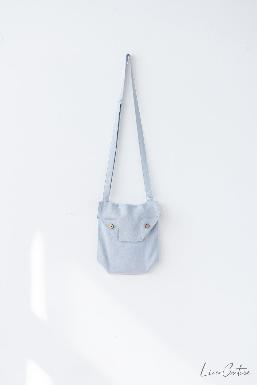 Ice Blue Linen Shoulder Bag with Coconut Buttons and Adjustable Strap - Linen Couture Boutique