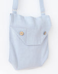 Ice Blue Linen Shoulder Bag with Coconut Buttons and Adjustable Strap - Linen Couture Boutique