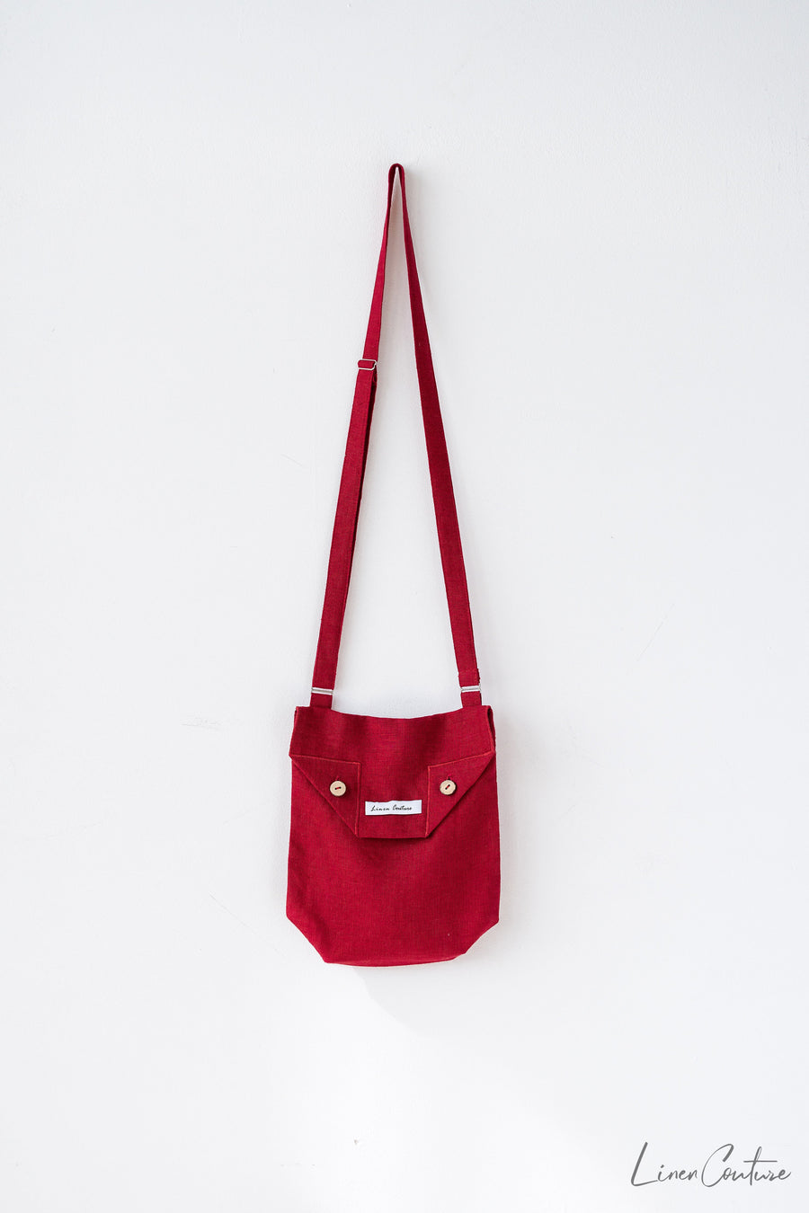 Cyclamen Red Linen Shoulder Bag with Coconut Buttons and Adjustable Strap - Linen Couture Boutique