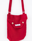 Cyclamen Red Linen Shoulder Bag with Coconut Buttons and Adjustable Strap - Linen Couture Boutique