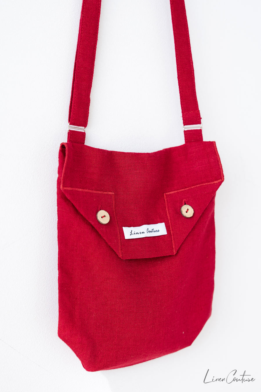 Cyclamen Red Linen Shoulder Bag with Coconut Buttons and Adjustable Strap - Linen Couture Boutique