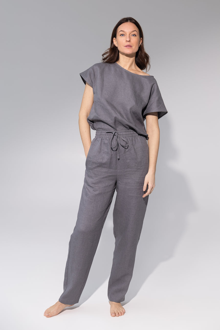 Striped Dark Grey linen / Natural Linen Pajama set / Linen loungewear / Linen sleepwearLinen Couture