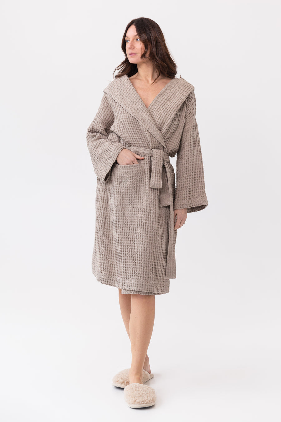 Natural linen waffle robe with hoodieLinen Couture