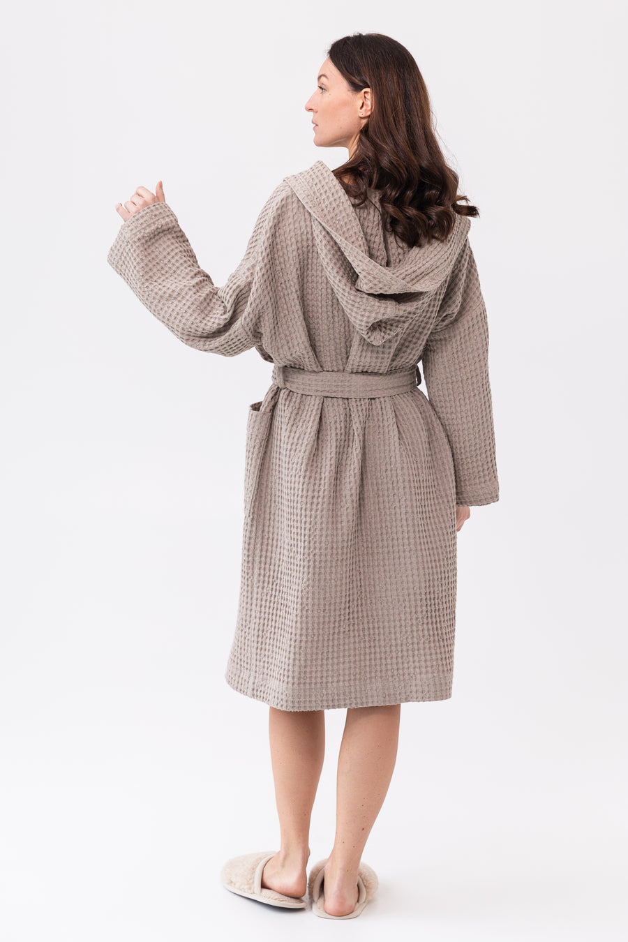 Natural linen waffle robe with hoodieLinen Couture