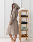 Natural linen waffle robe with hoodieLinen Couture