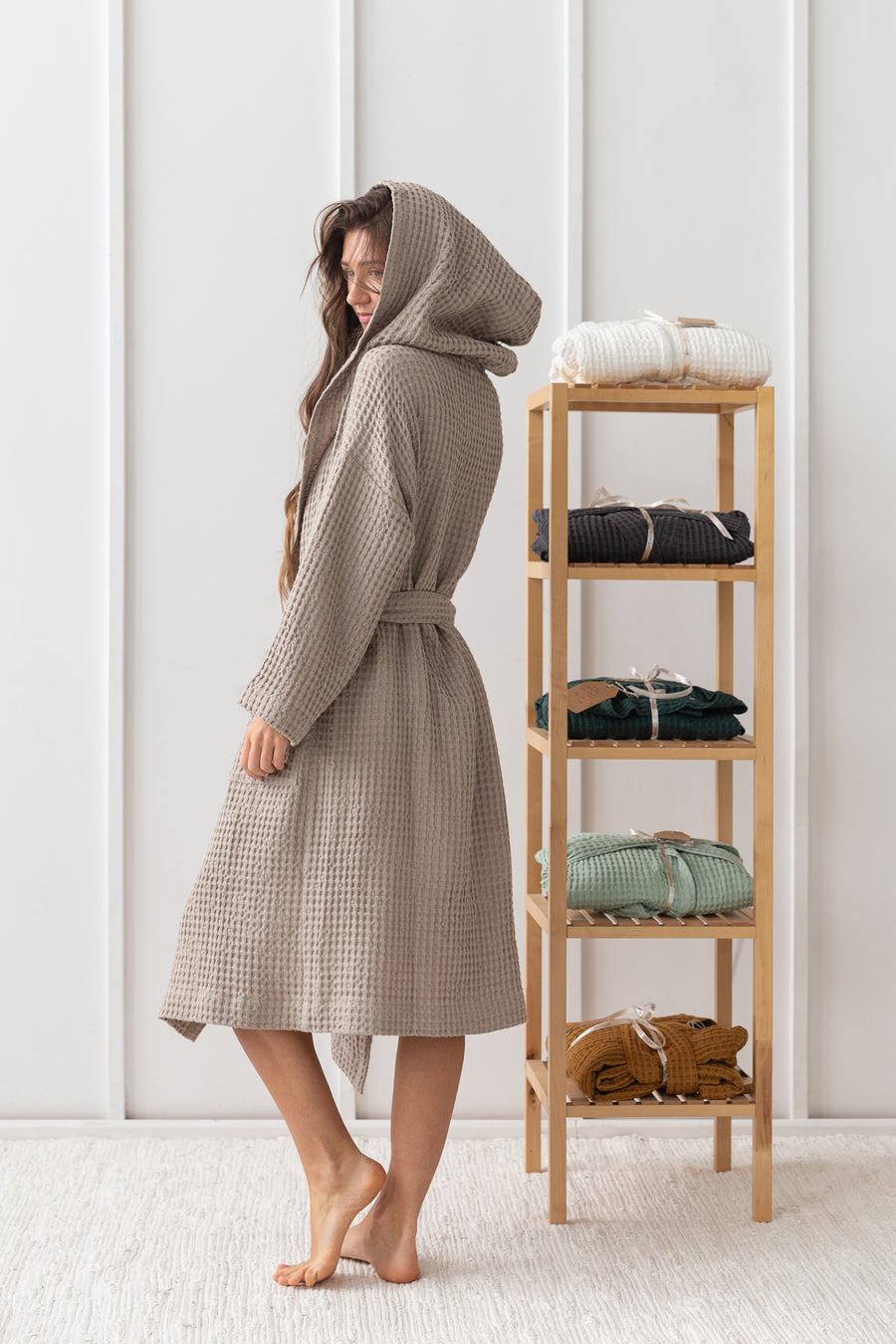 Natural linen waffle robe with hoodieLinen Couture