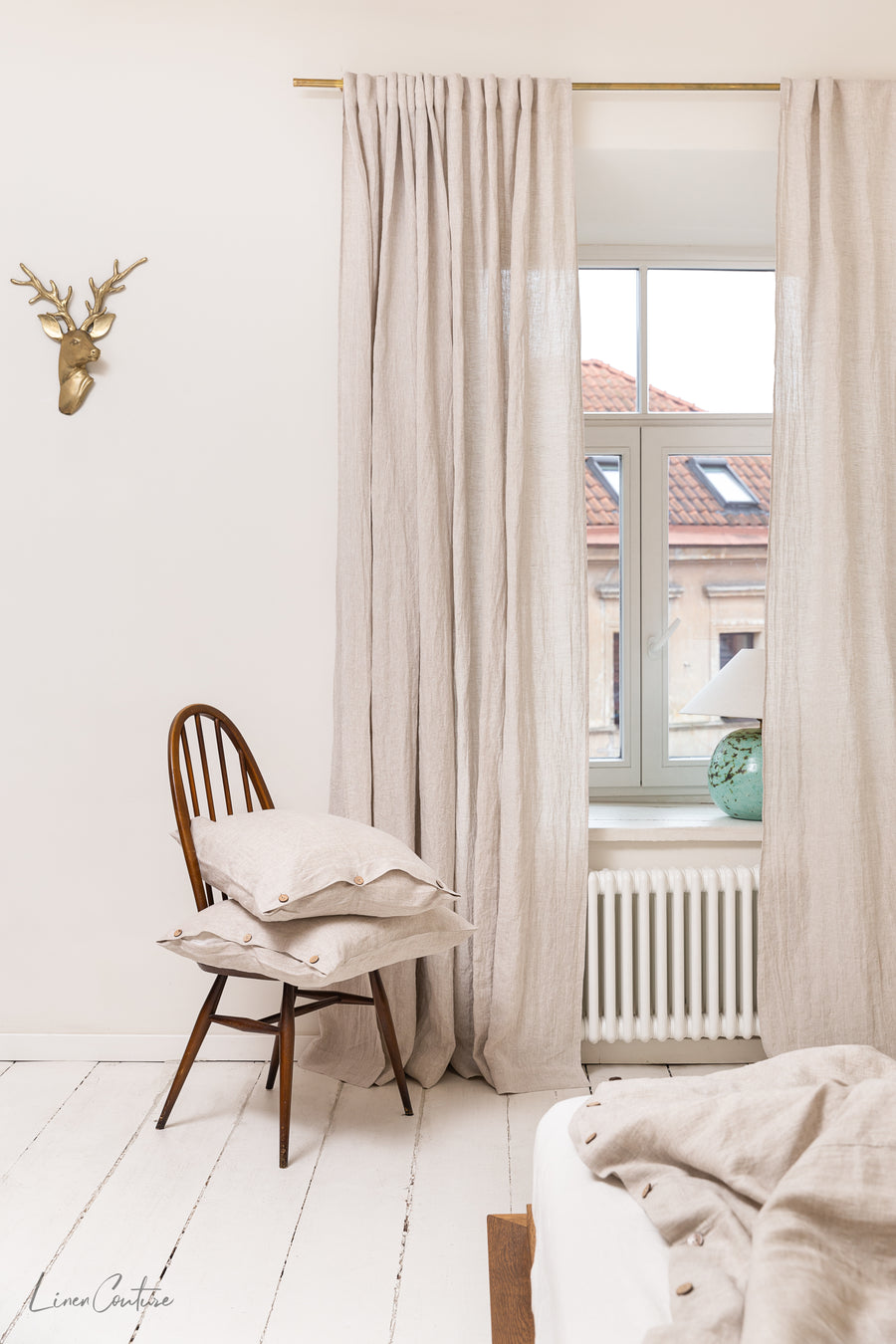 Extra Wide Natural Light Linen Curtain Panel with heading tapeLinen Couture