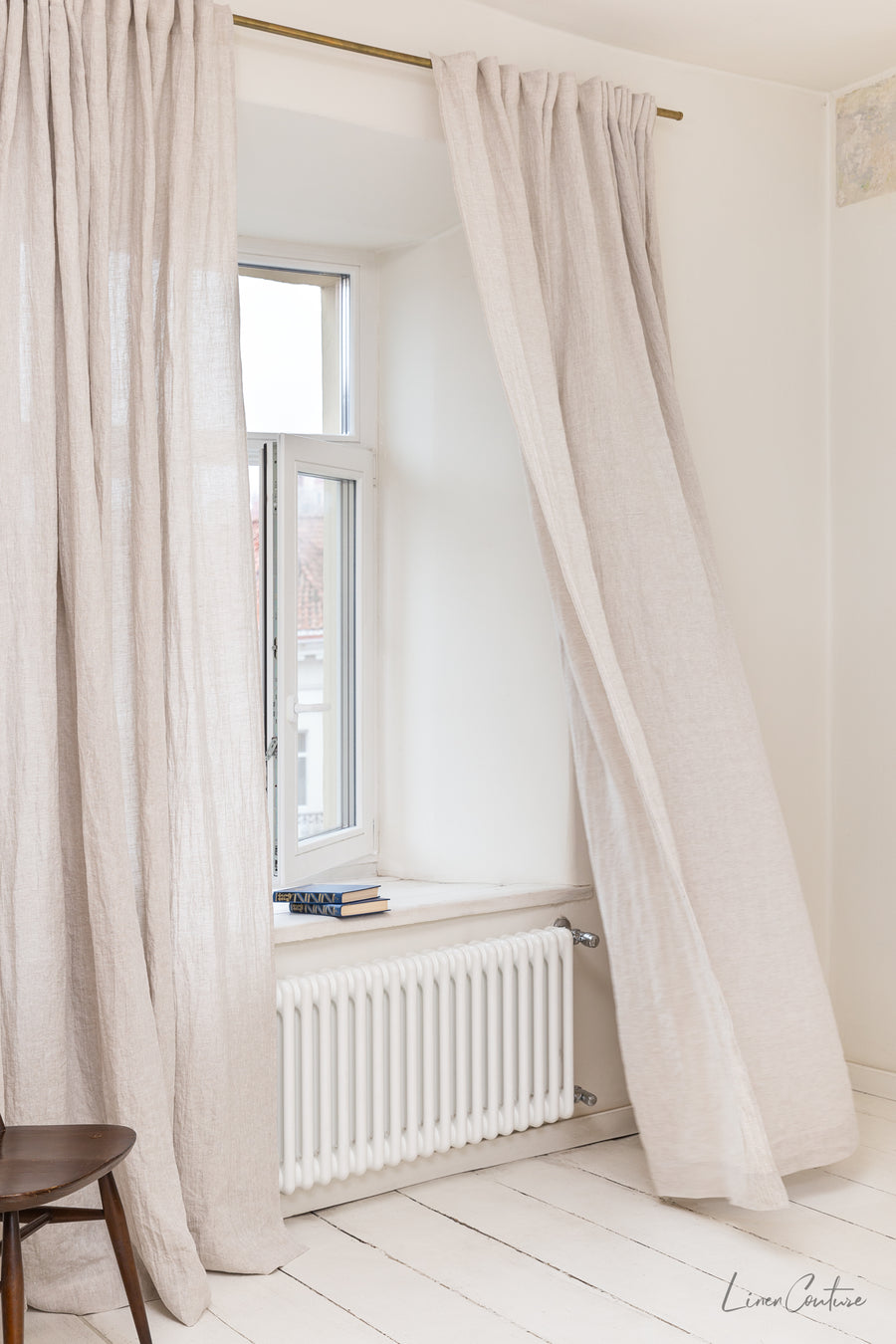 Extra Wide Natural Light Linen Curtain Panel with heading tapeLinen Couture