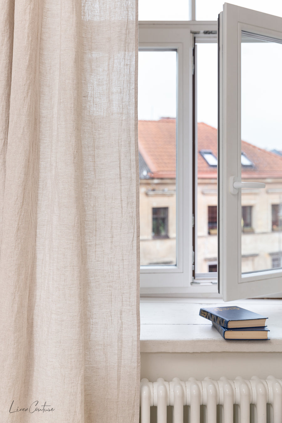 Extra Wide Natural Light Linen Curtain Panel with heading tapeLinen Couture