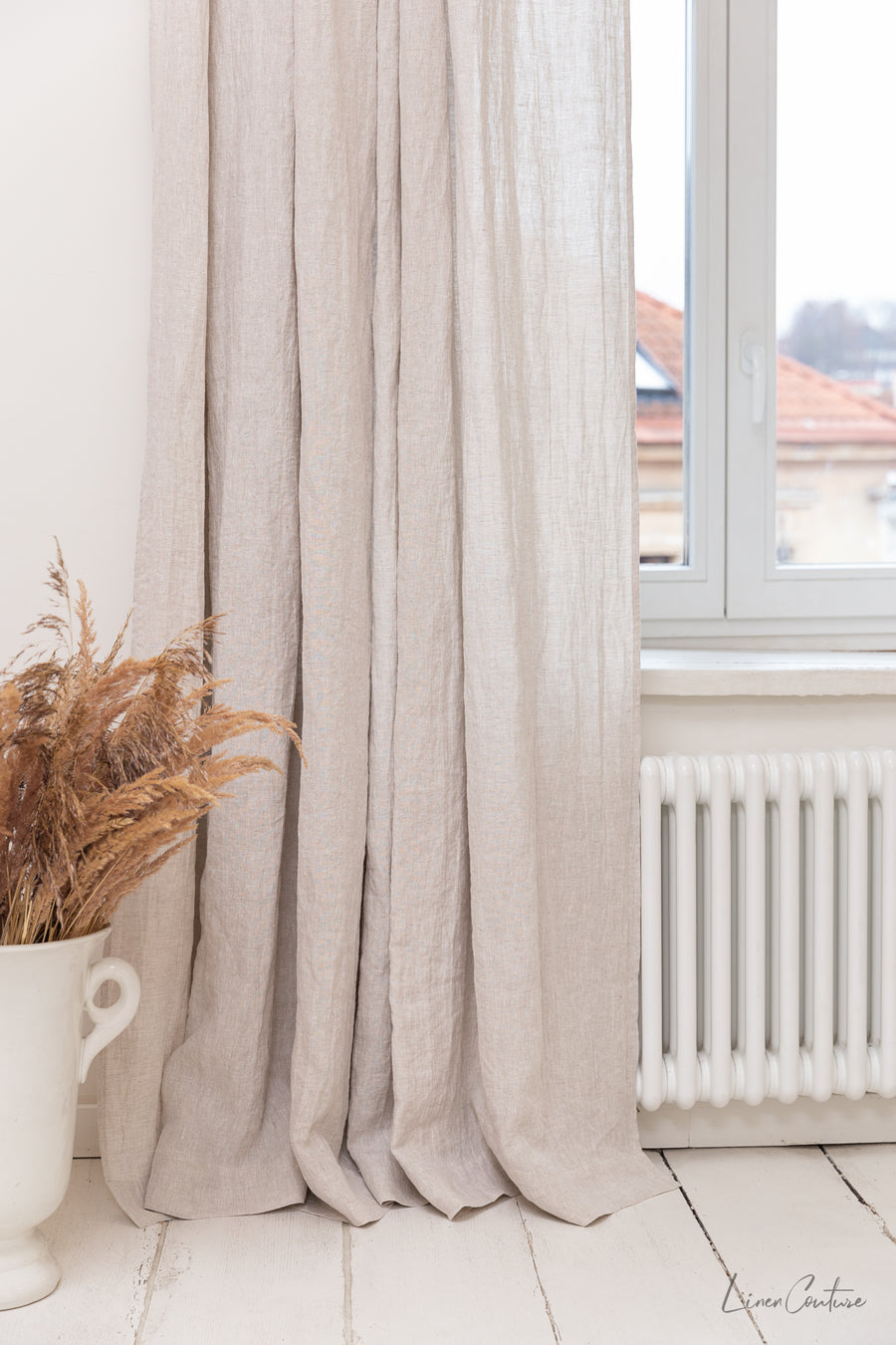 Extra Wide Natural Light Linen Curtain Panel with heading tapeLinen Couture