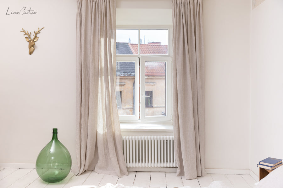 Extra Wide Natural Light Linen Curtain Panel with heading tapeLinen Couture