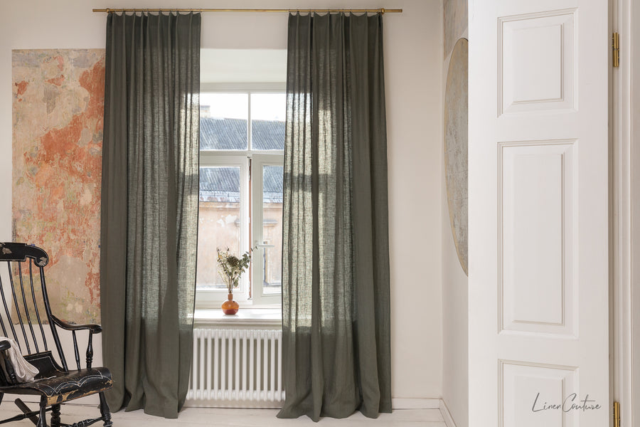 Linen curtain with pleating tape and crown in Safari greenLinen Couture