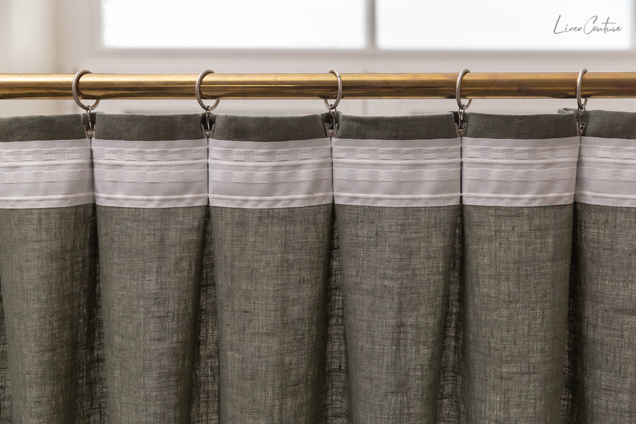 Linen curtain with pleating tape and crown in Safari greenLinen Couture