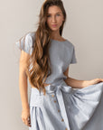 Taormina Ice Blue Linen Crop Top and Midi Skirt Set - Linen Couture Boutique