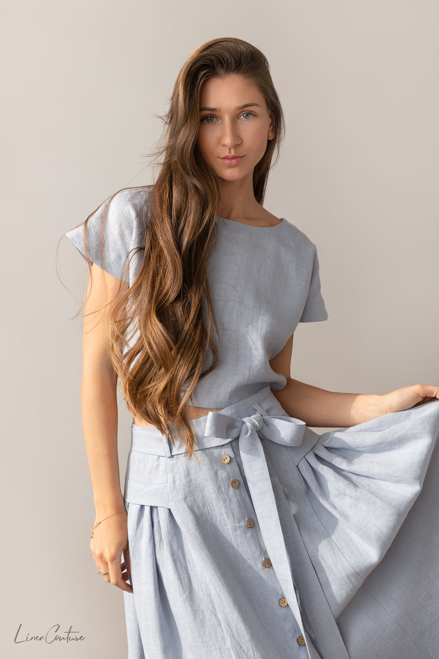 Taormina Ice Blue Linen Crop Top and Midi Skirt Set - Linen Couture Boutique