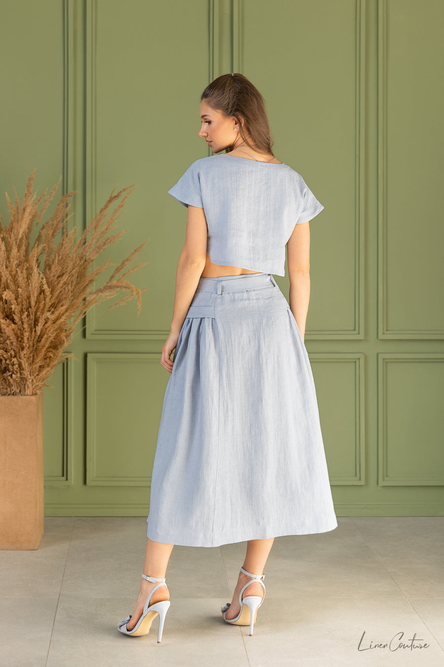 Taormina Ice Blue Linen Crop Top and Midi Skirt Set - Linen Couture Boutique