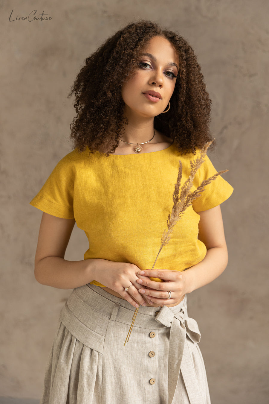 Taormina Honey Linen Crop Top and Midi Skirt Set - Linen Couture Boutique