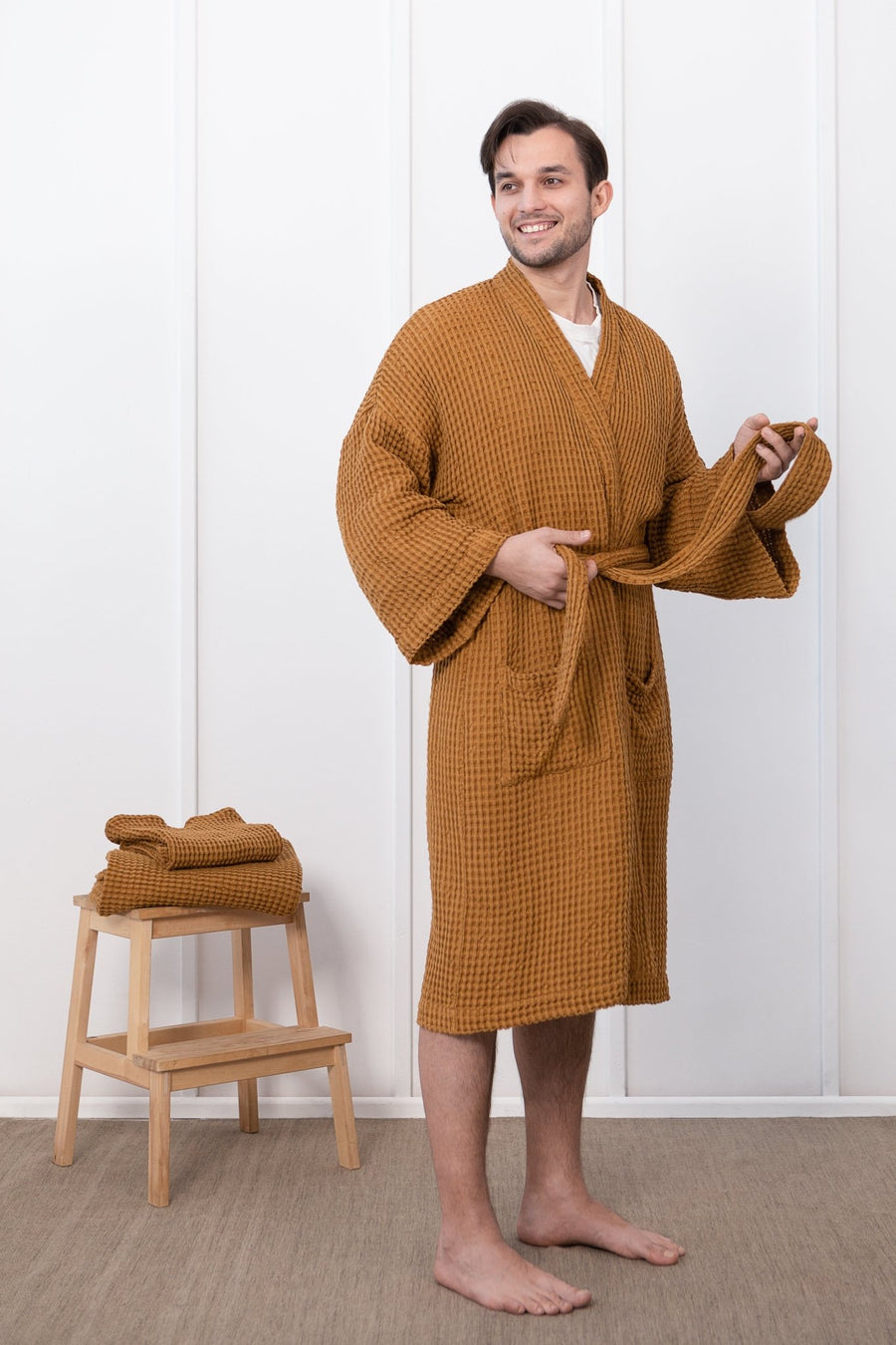 Amber linen waffle robe - Linen Couture