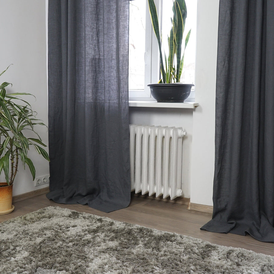 Asphalt Grey linen curtain with tabs - Linen Couture