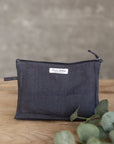 Asphalt grey linen large makeup bag with zipper - Linen Couture