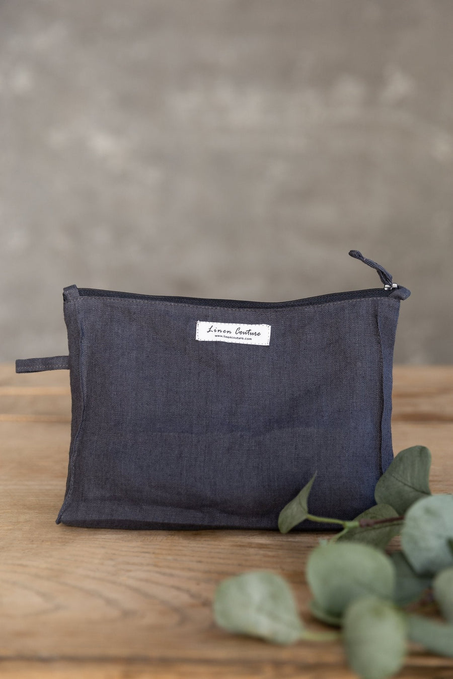 Asphalt grey linen large makeup bag with zipper - Linen Couture