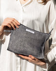 Asphalt grey linen large makeup bag with zipper - Linen Couture