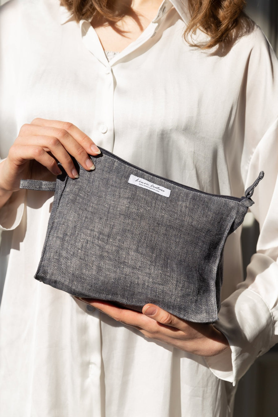 Asphalt grey linen large makeup bag with zipper - Linen Couture