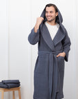 Asphalt Grey linen waffle robe with hoodie for men - Linen Couture