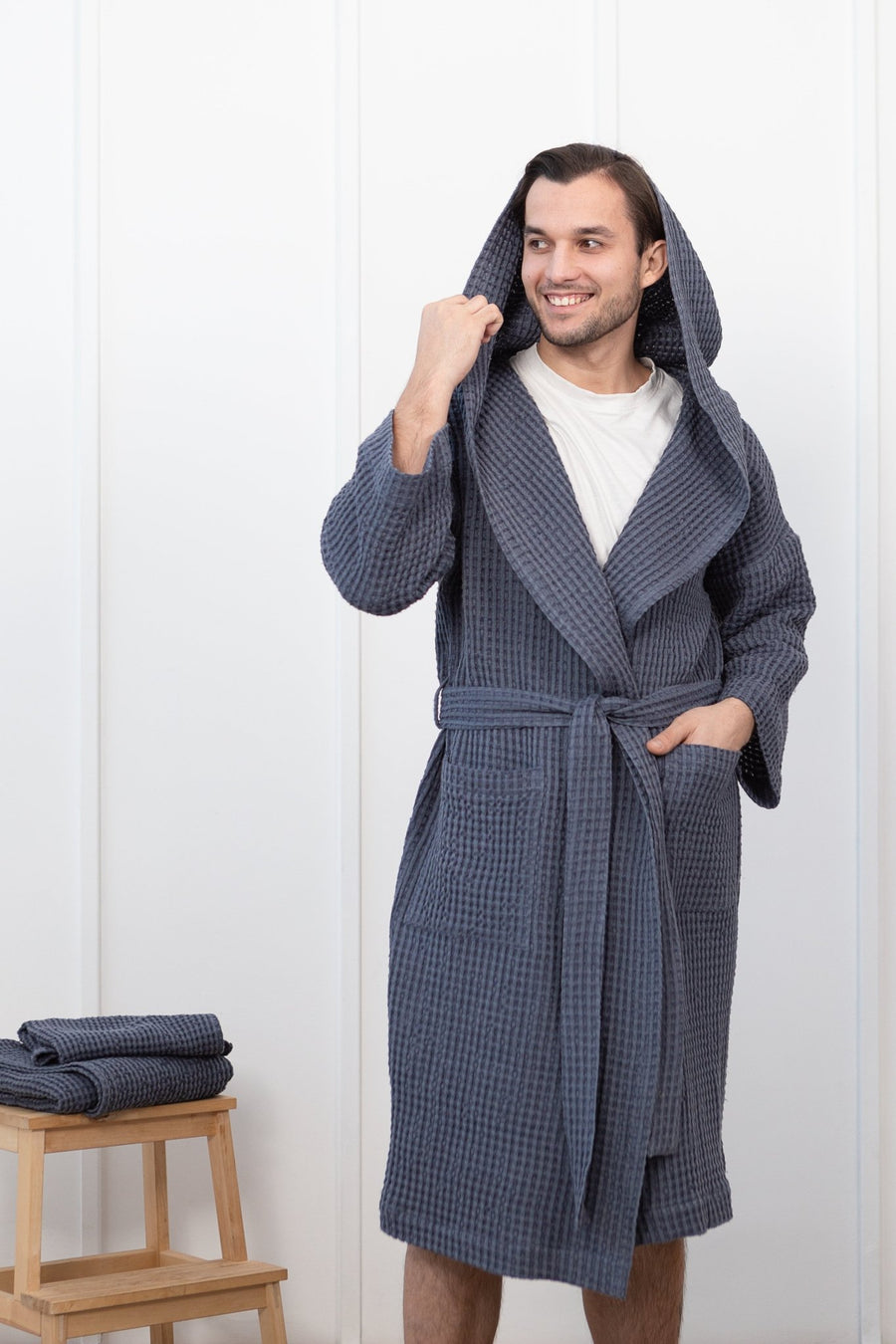 Asphalt Grey linen waffle robe with hoodie for men - Linen Couture