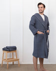 Asphalt Grey linen waffle robe with hoodie for men - Linen Couture