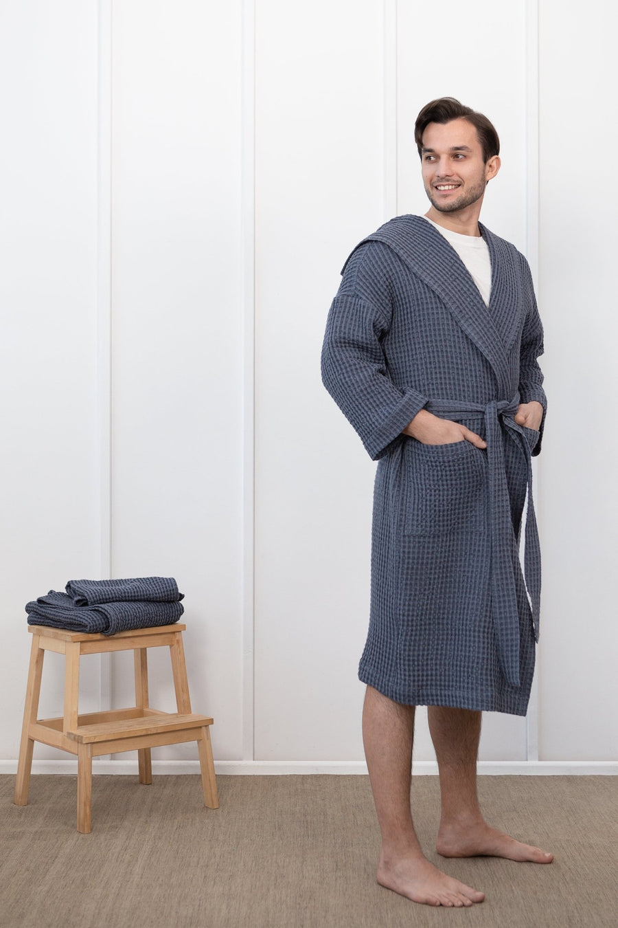 Asphalt Grey linen waffle robe with hoodie for men - Linen Couture