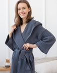 Asphalt Grey linen waffle robe with hoodie for men - Linen Couture