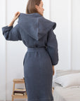 Asphalt Grey linen waffle robe with hoodie for men - Linen Couture