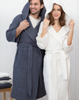 Asphalt Grey linen waffle robe with hoodie for men - Linen Couture