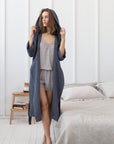 Asphalt Grey linen waffle robe with hoodie - Linen Couture