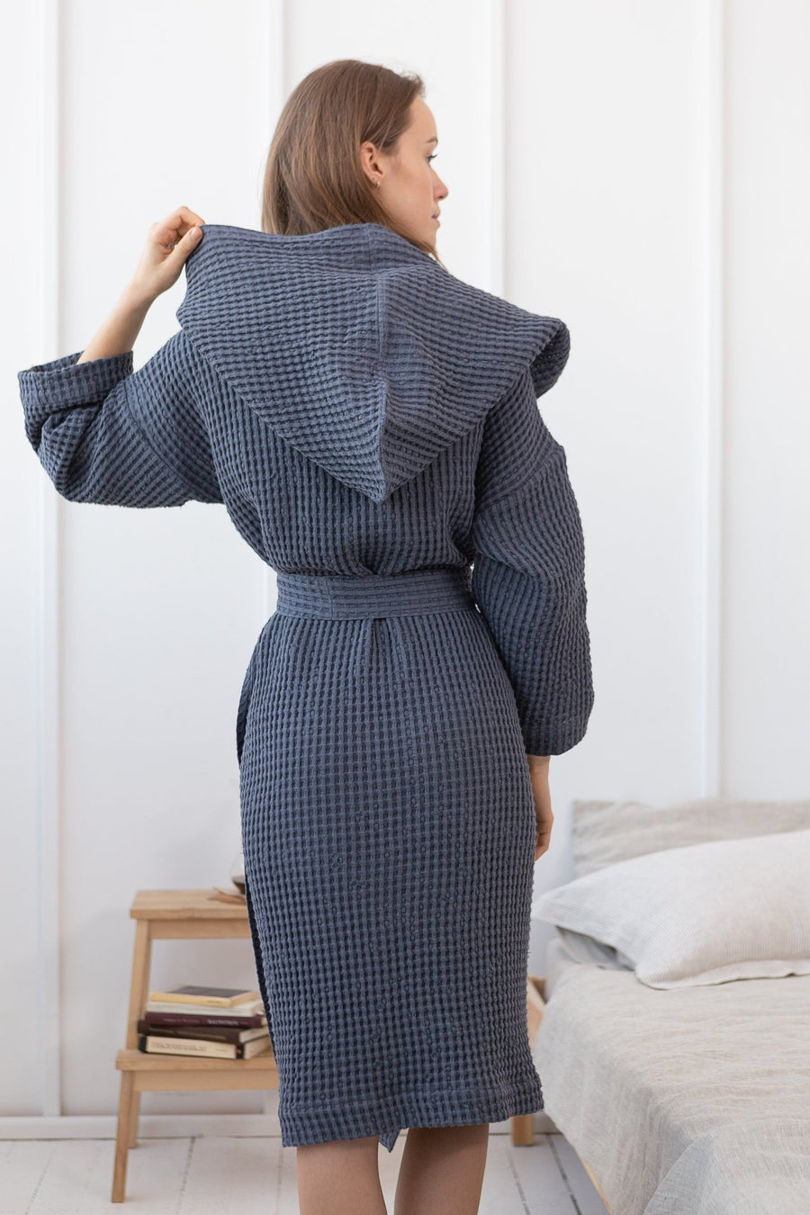 Asphalt Grey linen waffle robe with hoodie - Linen Couture