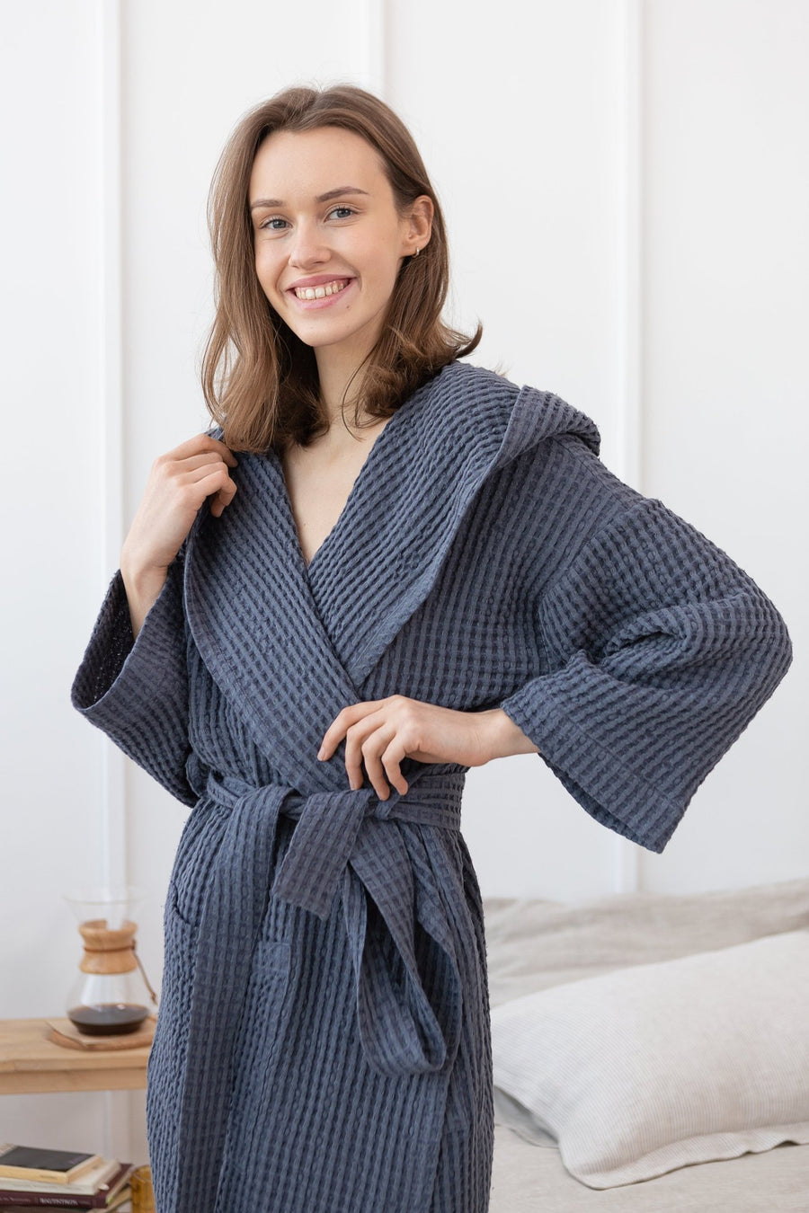 Asphalt Grey linen waffle robe with hoodie - Linen Couture