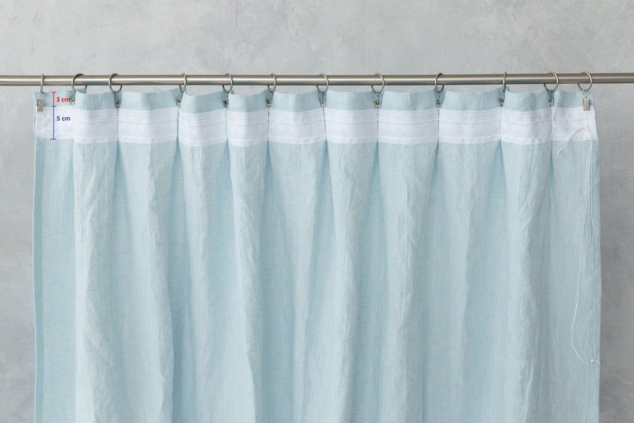 Baby Blue linen curtain with pleating tape and crown - Linen Couture